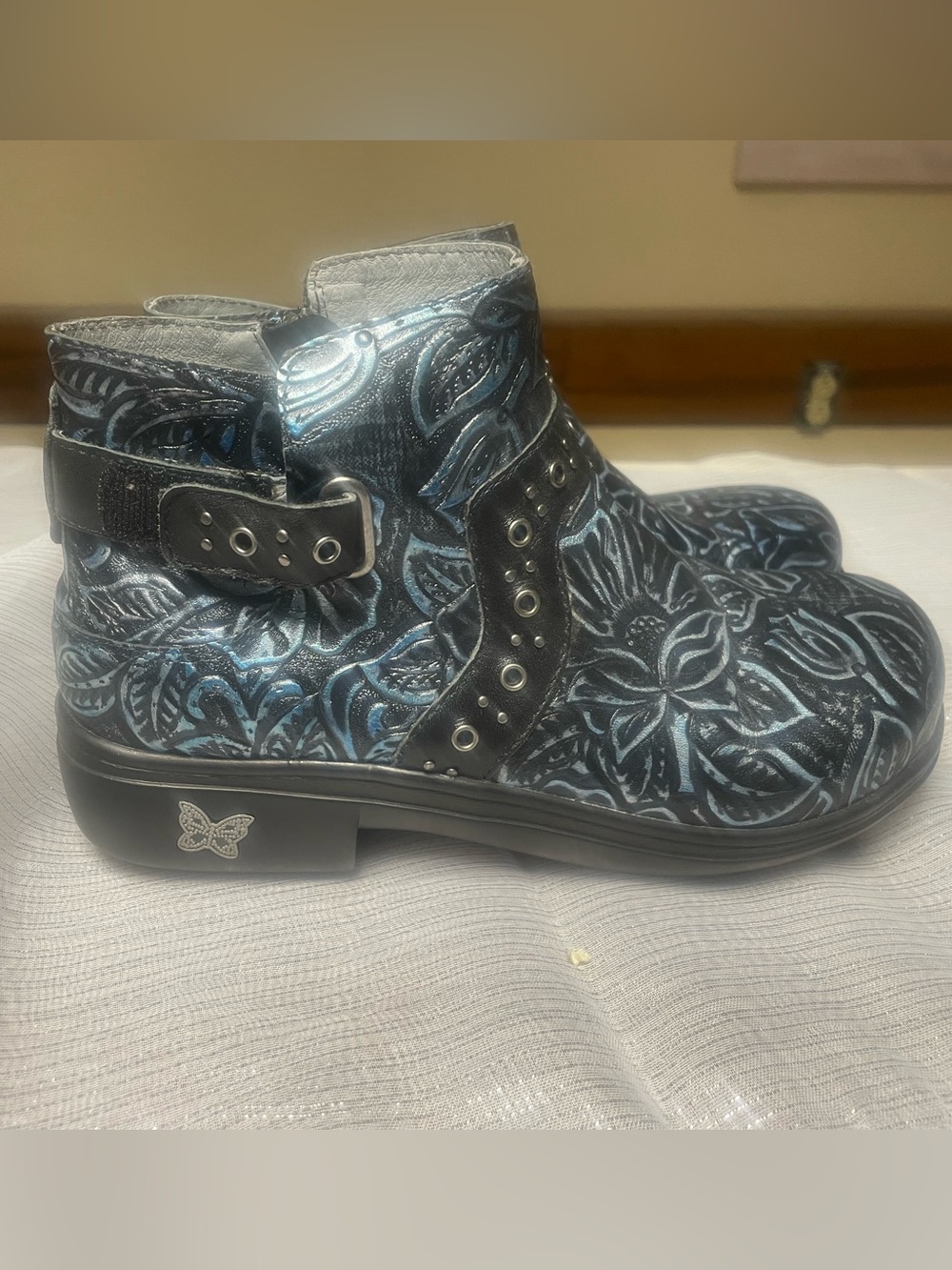 Alegria Metallic Blue Floral Embossed Ankle Bootie